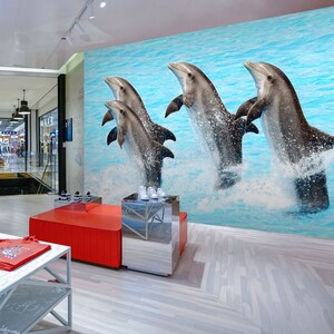 3D Quattro delfini grigi vendita al dettaglio L1515 Carta da parati commerciale rimovibile Carta da parati autoadesiva Peel & Stick Wallpaper Wallpaper Mural AJSTOREArt