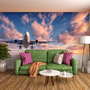 3D Cloud Time and Plane Transport L1125 abnehmbare Tapete Selbstklebende Tapete Peel & Stick Tapete Tapete Wandbild AJSTOREArt
