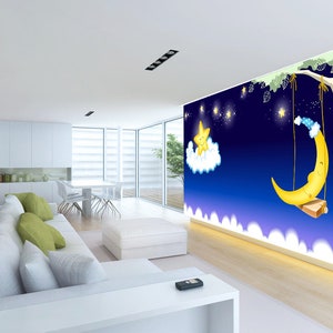3D Leuke Cartoon Moon L10153 Verwijderbare Wallpaper Zelfklevende Wallpaper Extra Large Peel & Stick Wallpaper Muurschildering AJSTOREArt