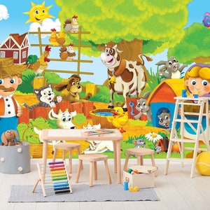 3D Cartoon Animal Ranch Play Centre L1671 kommerzielle abnehmbare Tapete Selbstklebende Tapete Peel & Stick Tapete Wandbild AJSTOREArt