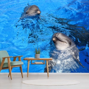 3D Due delfini confortevoli L8754 Animale Carta da parati rimovibile Carta da parati autoadesiva Peel & Stick Wallpaper Wallpaper Mural AJSTOREArt