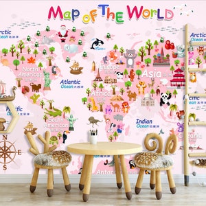 3D Cartoon Rosa Weltkarte Kinderzimmer L2431 kommerzielle abnehmbare Tapete Selbstklebende Tapete Peel & Stick Tapete Wandbild AJSTOREArt