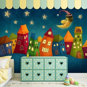 3D Grappige Cartoon Huizen L10469 Verwijderbare Wallpaper Zelfklevend Behang Extra Grote Peel & Stick Wallpaper Muurschildering AJSTOREArt
