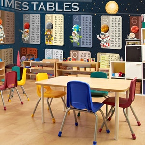 May include: A classroom with a colorful wall mural featuring space-themed times tables. The mural includes illustrations of astronauts, planets, and stars. There are several colorful chairs and a table in the foreground.