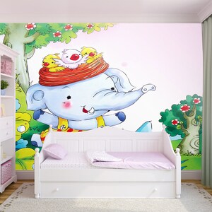 3D Happy Cartoon Olifanten L11087 Dier Verwijderbare Wallpaper Zelfklevende Wallpaper Extra Large Peel & Stick Wallpaper Mural AJSTOREArt