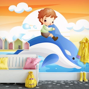 3D Cartoon Delphin Tier Kinderzimmer L2452 kommerzielle abnehmbare Tapete Selbstklebende Tapete Peel & Stick Tapete Wandbild AJSTOREArt
