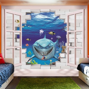 3D Animale Squalo Denti affilati Camera da letto L3144 Carta da parati commerciale rimovibile Carta da parati autoadesiva Peel & Stick Wallpaper Mural AJSTOREArt