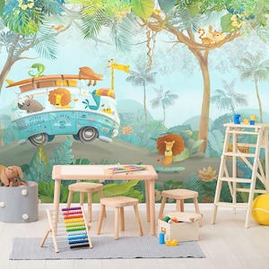 3D Cartoon Tier Bus Play Center L1696 kommerzielle abnehmbare Tapete Selbstklebende Tapete Peel & Stick Tapete Wandbild AJSTOREArt
