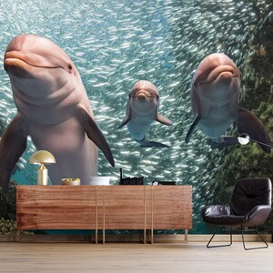 3D Tre delfini divertenti L8572 Animale Carta da parati rimovibile Carta da parati autoadesiva Peel & Stick Wallpaper Wallpaper Mural AJSTOREArt