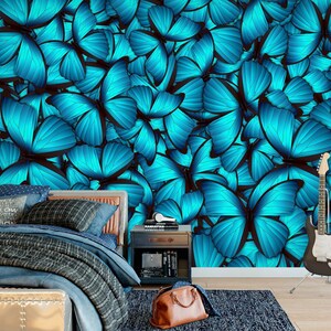3D Fantasy Blue Butterfly Animal L8666 Removable Wallpaper Self Adhesive Wallpaper Peel & Stick Wallpaper Wallpaper Mural AJSTOREArt