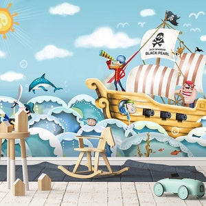 3D Cartoon Sailing Kid's Room L2281 Commercieel verwijderbaar behang Zelfklevend Behang Peel & Stick Wallpaper Muurschildering AJSTOREArt