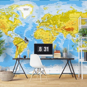 3D World Map Design Home Office L2003 Commercial Removable Wallpaper Self Adhesive Wallpaper Peel & Stick Wallpaper Mural AJSTOREArt