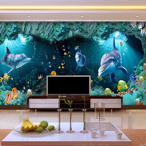 3D Vriendelijke Cartoon Dolfijnen L10425 Dier Verwijderbare Wallpaper Zelfklevende Wallpaper Extra Large Peel & Stick Wallpaper Mural AJSTOREArt