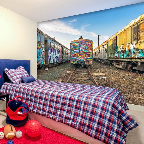 3D Graffiti On Old Train Transport L1055 Removable Wallpaper Self Adhesive Wallpaper Peel & Stick Wallpaper Wallpaper Mural AJSTOREArt