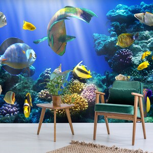 3D Happy Colored Fish L8837 Removable Wallpaper Self Adhesive Wallpaper Extra Large Peel & Stick Wallpaper Wallpaper Mural AJSTOREArt