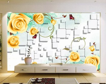 3D Warm Yellow Roses L11282 Removable Wallpaper Self Adhesive Wallpaper Extra Large Peel & Stick Wallpaper Wallpaper Mural AJSTOREArt