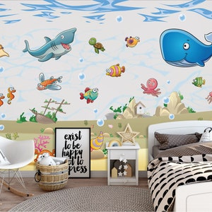 3D Cartoon Meerestiere Kinderzimmer L2443 kommerzielle abnehmbare Tapete Selbstklebende Tapete Peel & Stick Tapete Wandbild AJSTOREArt