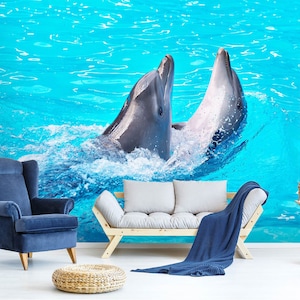 3D Due delfini spensierati L8561 Animale Carta da parati rimovibile Carta da parati autoadesiva Peel & Stick Wallpaper Wallpaper Mural AJSTOREArt