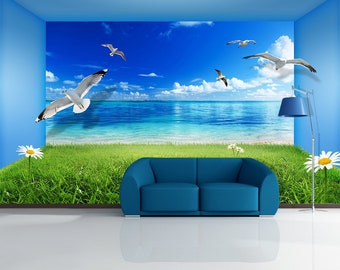 3D Blue Sea Green Grass L11285 Removable Wallpaper Self Adhesive Wallpaper Extra Large Peel & Stick Wallpaper Wallpaper Mural AJSTOREArt