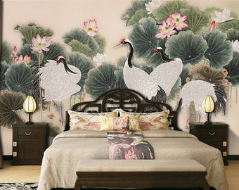 3D Lotus Pond Red-crowned Crane L9386 Animal Removable Wallpaper Self Adhesive Wallpaper Extra Large Peel & Stick Wallpaper Mural AJSTOREArt