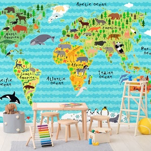 3D Mooie Cartoon Dieren L9746 Wereldkaart Verwijderbare Wallpaper Zelfklevend Behang Extra Grote Peel & Stick Wallpaper Muurschildering AJ