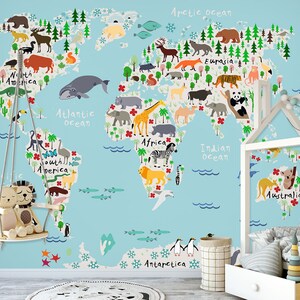 3D Fun Cartoon Animals L9744 Mapa del mundo Papel tapiz extraíble Papel tapiz autoadhesivo Extra grande Peel & Stick Papel tapiz Papel tapiz Mural AJ