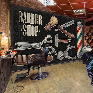 3D Fun Barber Tools L15397 Hair Cut Salon Barber Shop Commercial Removable Wallpaper Self Adhesive Peel & Stick Wallpaper Mural AJSTOREArt