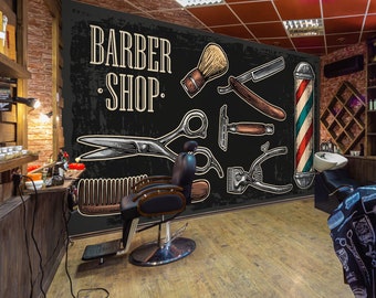 3D Fun Barber Tools L15397 Hair Cut Salon Barber Shop Commercial Removable Wallpaper Self Adhesive Peel & Stick Wallpaper Mural AJSTOREArt