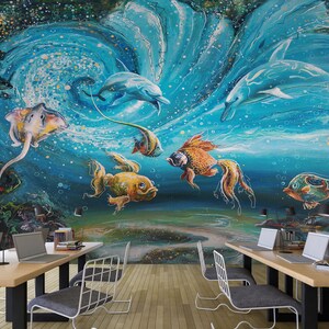 3D Sea Animals Painting L1604 Commercial Removable Wallpaper Self Adhesive Wallpaper Peel & Stick Wallpaper Wallpaper Mural AJSTOREArt