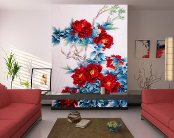 3D Crimson Peony Flowers L11177 Removable Wallpaper Self Adhesive Wallpaper Extra Large Peel & Stick Wallpaper Wallpaper Mural AJSTOREArt