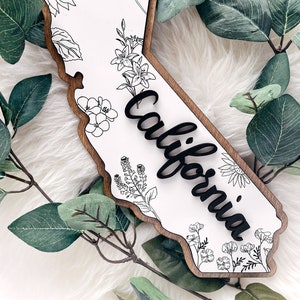 CALIFORNIA Wood Wall Art: Map of California with local state flowers | State Art, housewarming gift, birthday gift, realtor gift