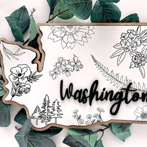 Décoration murale en bois WASHINGTON : carte de l'État de Washington avec des fleurs de l'État local | Art contemporain, cadeau de pendaison de crémaillère, cadeau d'anniversaire, cadeau d'agent immobilier