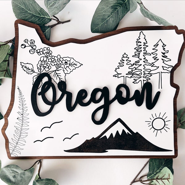 OREGON Wood Wall Art: Map of Oregeon with local state flowers & nature | State Wall Sign, Housewarming gift, birthday gift, Christmas gift