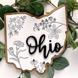 OHIO Wood Wall Art: Map of Ohio with local state flowers | State Art, housewarming gift, birthday gift, realtor gift