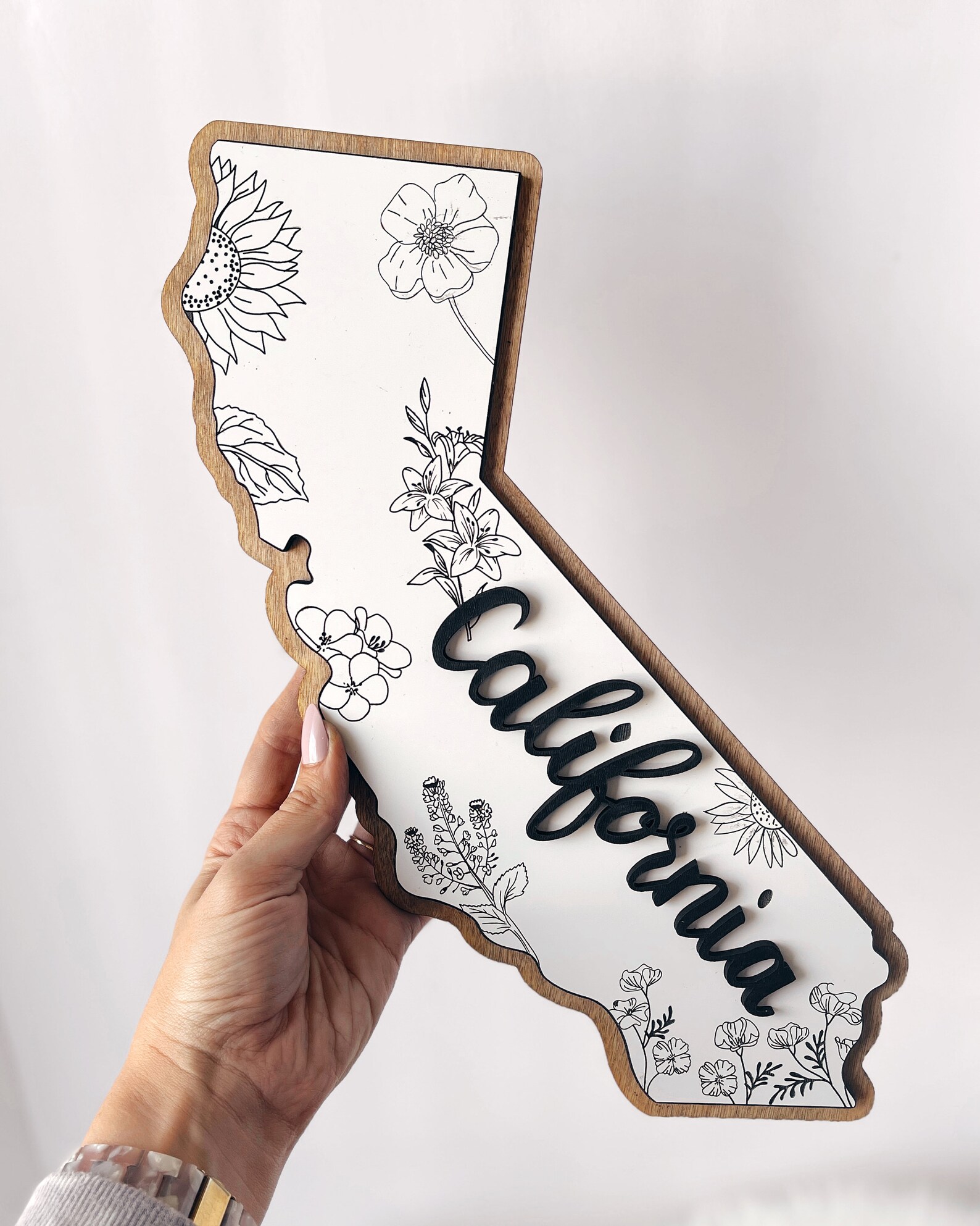 CALIFORNIA Wood Wall Art: Map of California With Local State Flowers ...