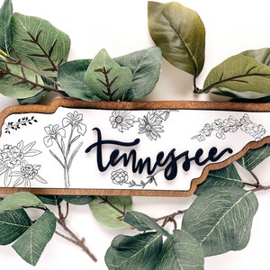 TENNESSEE Holzbild: Karte von Tennessee mit Blumen und Blüten | State Art, Einweihungsgeschenk, Geburtstagsgeschenk, Maklergeschenk
