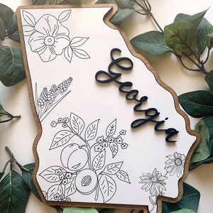 GEORGIE oeuvre d'art murale en bois : carte de la Géorgie avec des fleurs de l'État local | Art contemporain, cadeau de pendaison de crémaillère, cadeau d'anniversaire, cadeau d'agent immobilier