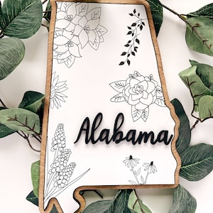 Décoration murale en bois de l'ALABAMA : carte de l'Alabama avec fleurs de l'État | Art contemporain, cadeau de pendaison de crémaillère, cadeau d'anniversaire, cadeau d'agent immobilier
