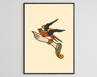 Swallow On Hand Tattoo Style Wall Art Print | Tattoo Flash Wall Decor | Traditional Old School Wall Art | Tattoo Poster