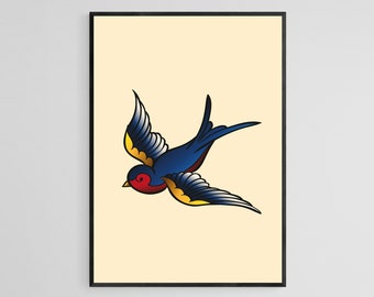 Navy Swallow Tattoo Style Wall Art Print | Tattoo Flash Wall Decor | Traditional Old School Wall Art | Tattoo Poster