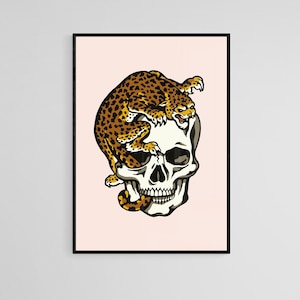 Jaguar On Skull Tattoo Style Wall Art Print | Tattoo Flash Wall Decor | Traditional Old School Wall Art | Tattoo Poster