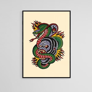 Gorilla With Snake Tattoo Style Wall Art Print | Tattoo Wall Decor | Traditional Old School Wall Art | Tattoo Poster | Digital Download