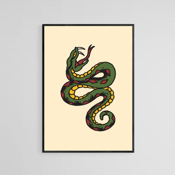 Impression d’art mural de style de tatouage de serpent vert | Tatouage Flash Wall Decor | | d’art mural traditionnel de la vieille école Affiche de tatouage