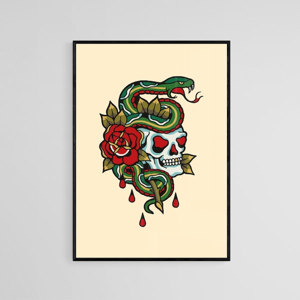 Impression d’art mural colorée de style de tatouage de crâne de serpent | Tatouage Flash Wall Decor | | d’art mural traditionnel de la vieille école Affiche de tatouage