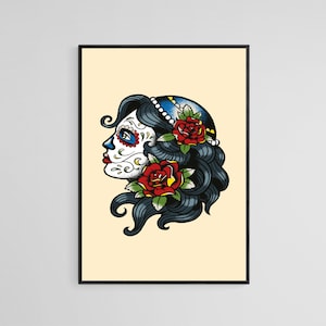 Tattooed Woman’s Head Tattoo Style Wall Art Print | Tattoo Flash Wall Decor | Traditional Old School Wall Art | Tattoo Poster