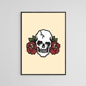 Skull With Roses Tattoo Style Wall Art Print | Tattoo Flash Wall Decor | Traditional Old School Wall Art | Tattoo Poster