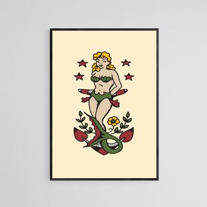 Mermaid Tattoo Style Wall Art Print | Tattoo Flash Wall Decor | Traditional Old School Wall Art | Tattoo Poster
