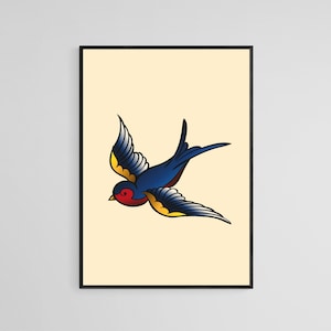 Navy Swallow Tattoo Style Wall Art Print | Tattoo Flash Wall Decor | Traditional Old School Wall Art | Tattoo Poster