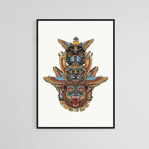 Bear, Tiger And Panther Totem Pole Tattoo Style Wall Art Print | Tattoo Flash Wall Decor | Traditional Old School |Poster | Digital Download