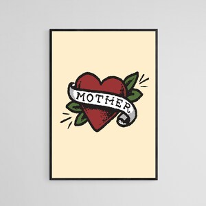 Mother Heart Tattoo Style Wall Art Print | Tattoo Flash Wall Decor | Traditional Old School Wall Art | Tattoo Poster | Mothers Day Gift